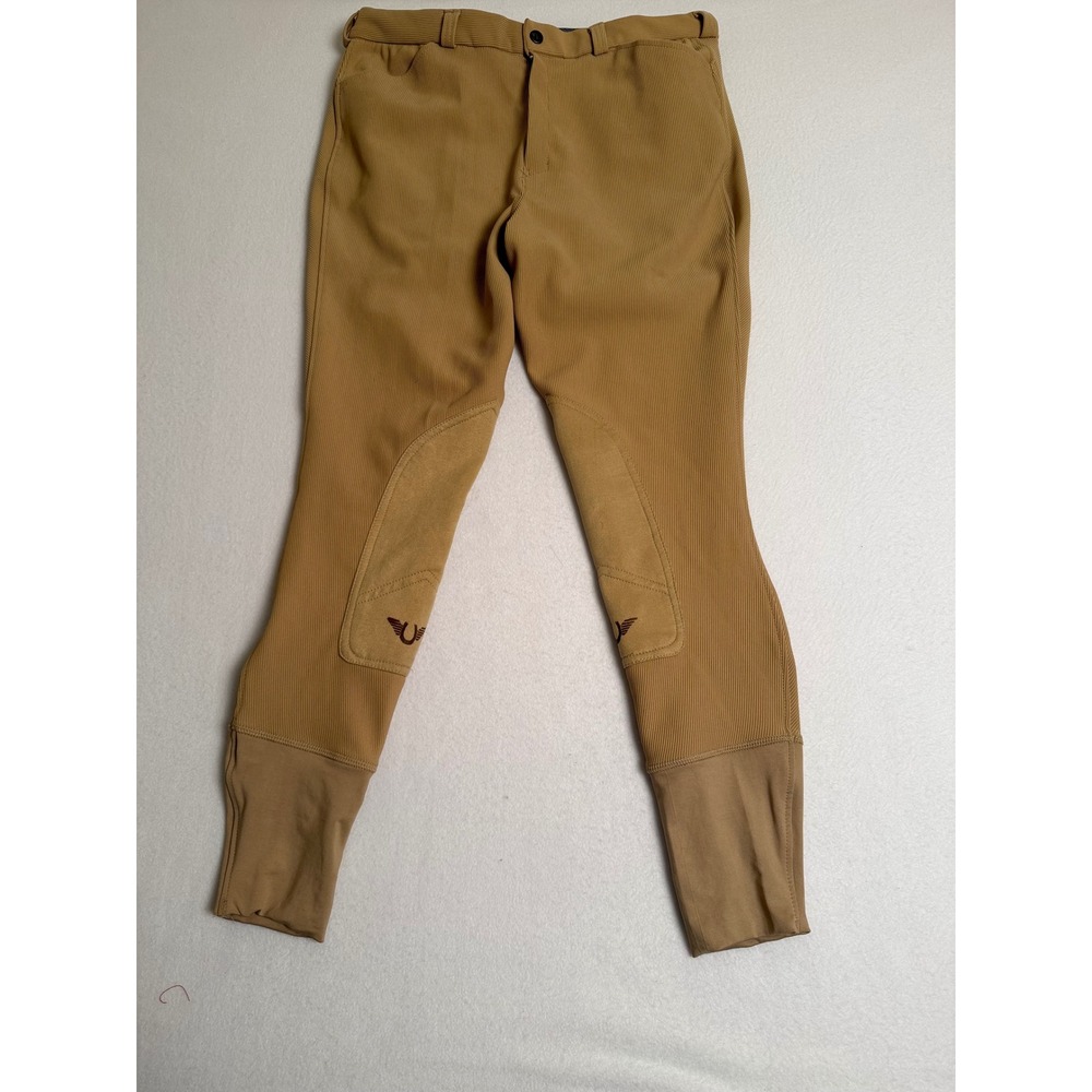 Mens Equestrian Breeches Light Beige Tan Ribbed Knee Patch Riding Pants Size 32